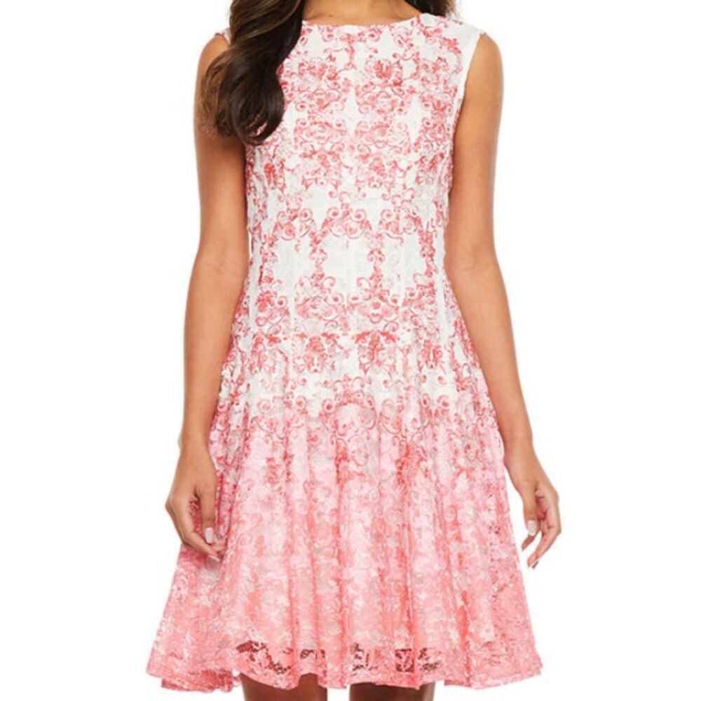 Danny and Nicole Pink White Sleeveless Lace Overlay Flare Dress Size 6 Cocktail
